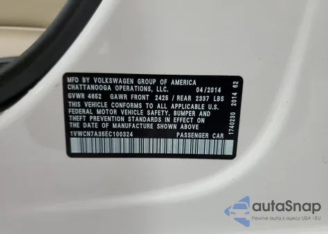 2014 Volkswagen Passat Sel from USA, damaged, VIN 1VWCN7A35EC100324